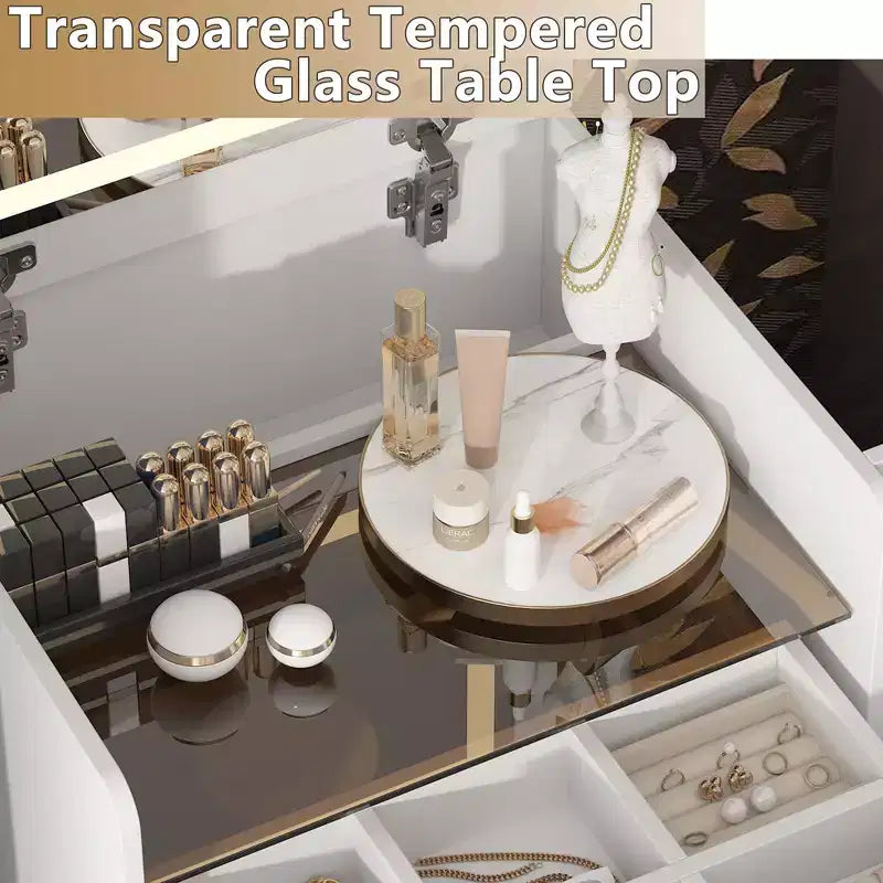 Weißer klappbarer Schminktisch mit Stauraum, All-in-one-Design, seitlich ausziehbare Organizerfächer