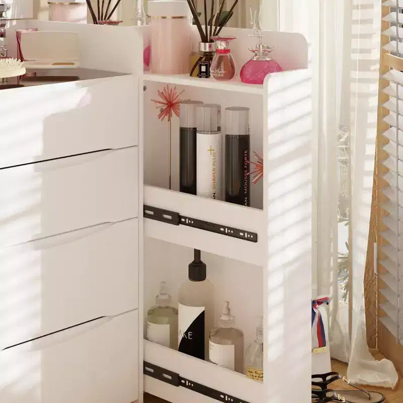 Weißer klappbarer Schminktisch mit Stauraum, All-in-one-Design, seitlich ausziehbare Organizerfächer