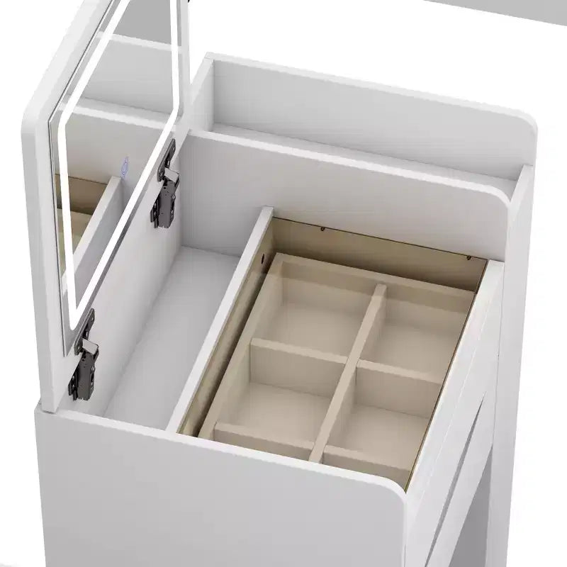 Weißer klappbarer Schminktisch mit Stauraum, All-in-one-Design, seitlich ausziehbare Organizerfächer