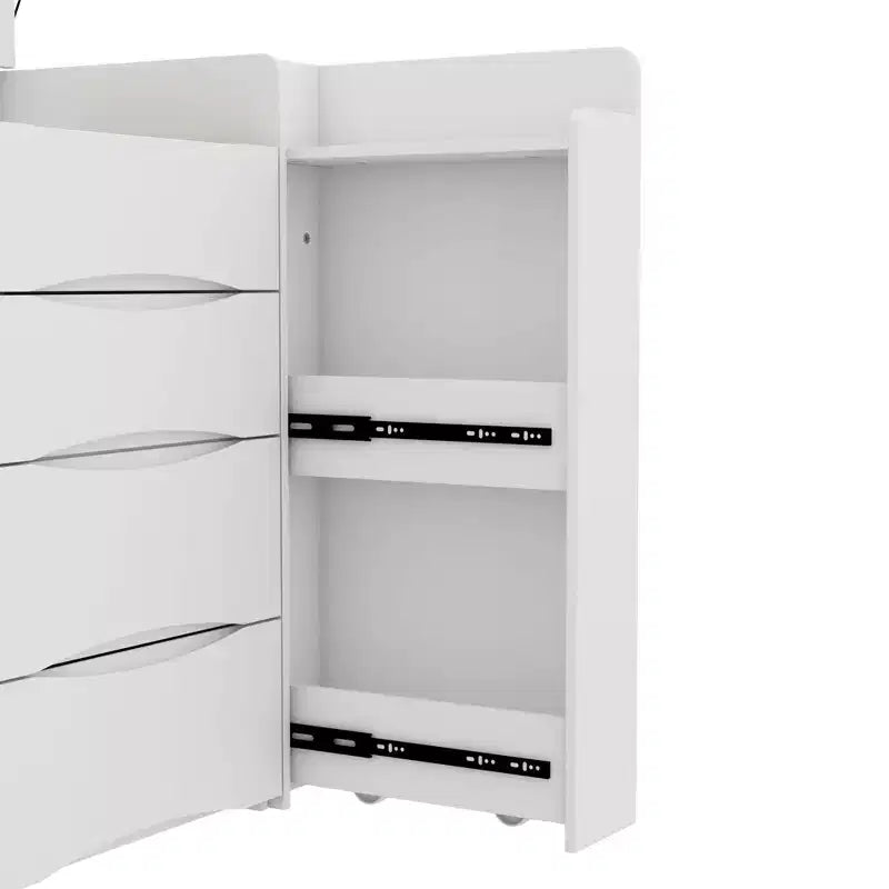 Weißer klappbarer Schminktisch mit Stauraum, All-in-one-Design, seitlich ausziehbare Organizerfächer