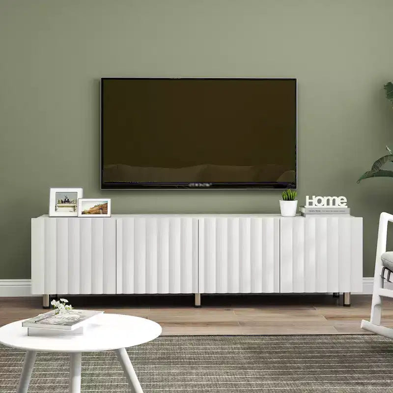 Moderner TV-Ständer mit 2 ausziehbaren Schubladen, weißes Entertainment-Center mit Stauraum für das Wohnzimmer, robustes Holzbrett und Metallbeine