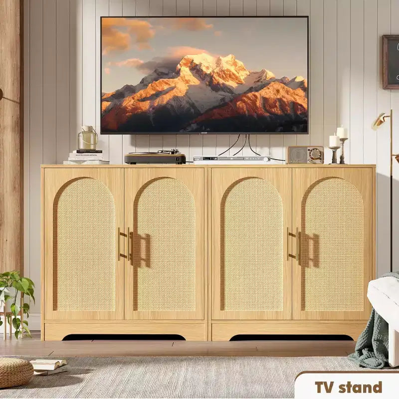 Aparador con puertas de ratán y estantes, moderna mesa consola de almacenamiento tipo buffet para comedor, sala de estar, entrada o cocina