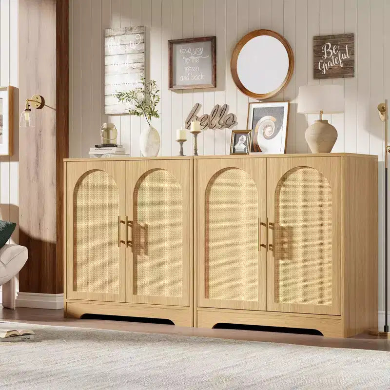 Aparador con puertas de ratán y estantes, moderna mesa consola de almacenamiento tipo buffet para comedor, sala de estar, entrada o cocina