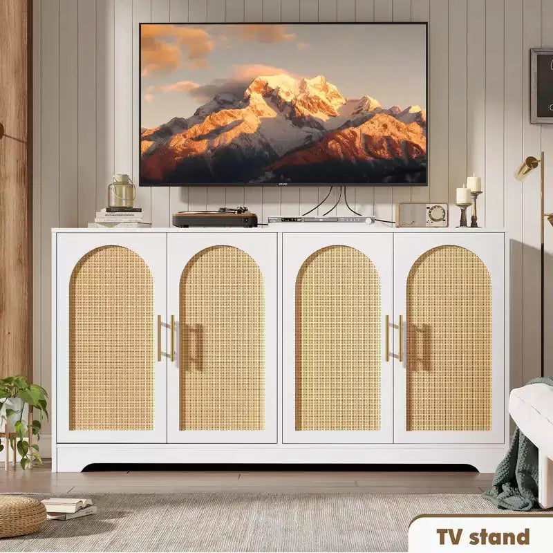 Aparador con puertas de ratán y estantes, moderna mesa consola de almacenamiento tipo buffet para comedor, sala de estar, entrada o cocina
