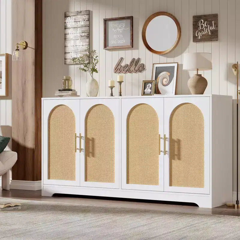 Aparador con puertas de ratán y estantes, moderna mesa consola de almacenamiento tipo buffet para comedor, sala de estar, entrada o cocina