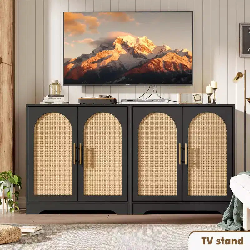 Aparador con puertas de ratán y estantes, moderna mesa consola de almacenamiento tipo buffet para comedor, sala de estar, entrada o cocina