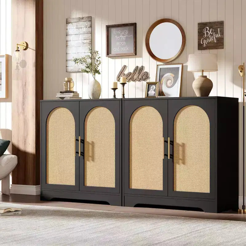 Aparador con puertas de ratán y estantes, moderna mesa consola de almacenamiento tipo buffet para comedor, sala de estar, entrada o cocina