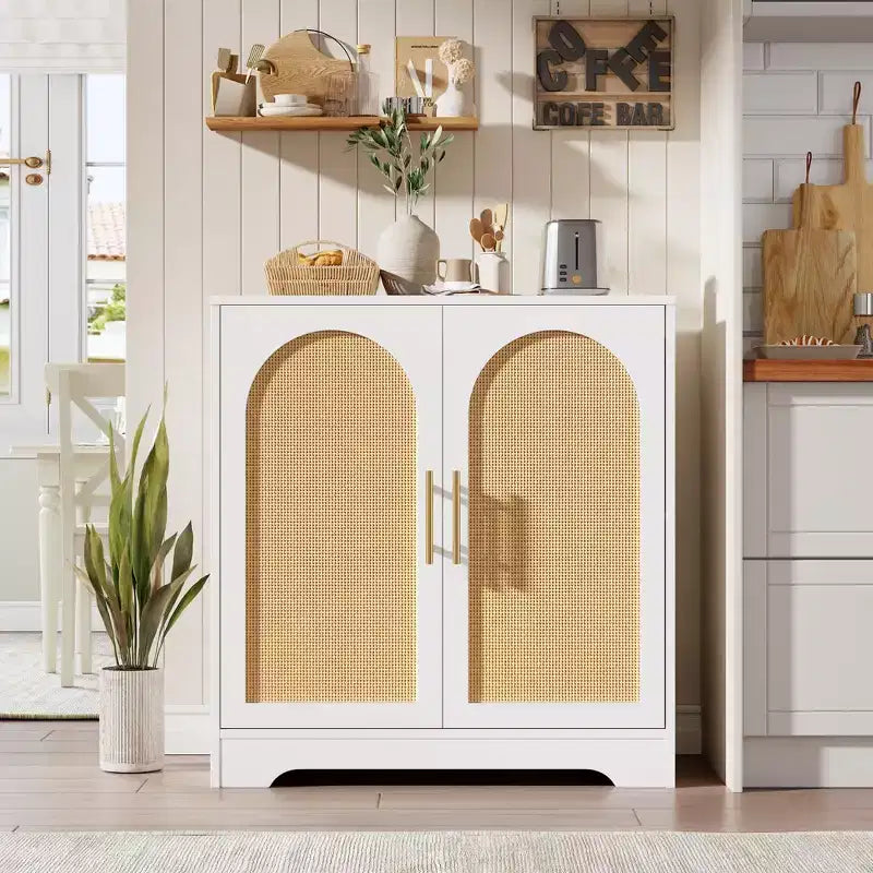 Aparador con puertas de ratán y estantes, moderna mesa consola de almacenamiento tipo buffet para comedor, sala de estar, entrada o cocina