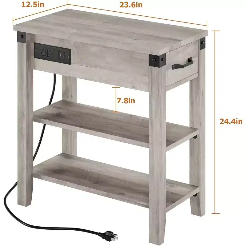 Beistelltisch mit Ladestation, schmaler Beistelltisch mit 3 Ablagen, Schublade und Stauraum, Beistelltisch aus Holz für Wohnzimmer, Schlafzimmer und Büro