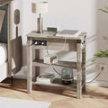 Beistelltisch mit Ladestation, schmaler Beistelltisch mit 3 Ablagen, Schublade und Stauraum, Beistelltisch aus Holz für Wohnzimmer, Schlafzimmer und Büro