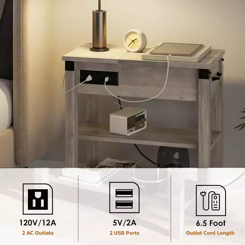 Beistelltisch mit Ladestation, schmaler Beistelltisch mit 3 Ablagen, Schublade und Stauraum, Beistelltisch aus Holz für Wohnzimmer, Schlafzimmer und Büro