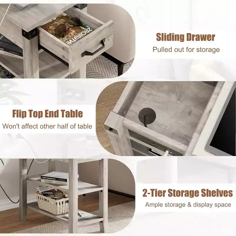 Beistelltisch mit Ladestation, schmaler Beistelltisch mit 3 Ablagen, Schublade und Stauraum, Beistelltisch aus Holz für Wohnzimmer, Schlafzimmer und Büro