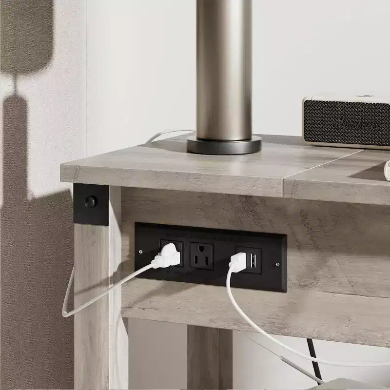Beistelltisch mit Ladestation, schmaler Beistelltisch mit 3 Ablagen, Schublade und Stauraum, Beistelltisch aus Holz für Wohnzimmer, Schlafzimmer und Büro
