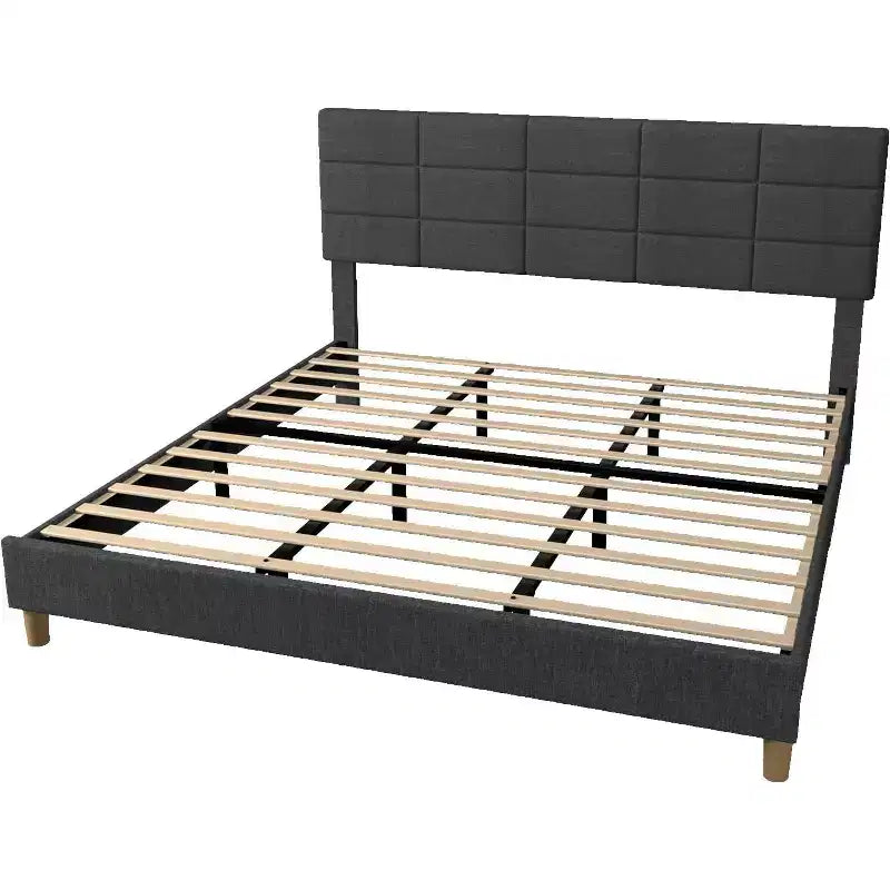 Estructura de cama con plataforma tapizada en lino y cabecero de altura ajustable, estructura metálica para cama individual con fuertes láminas de madera y patas de apoyo