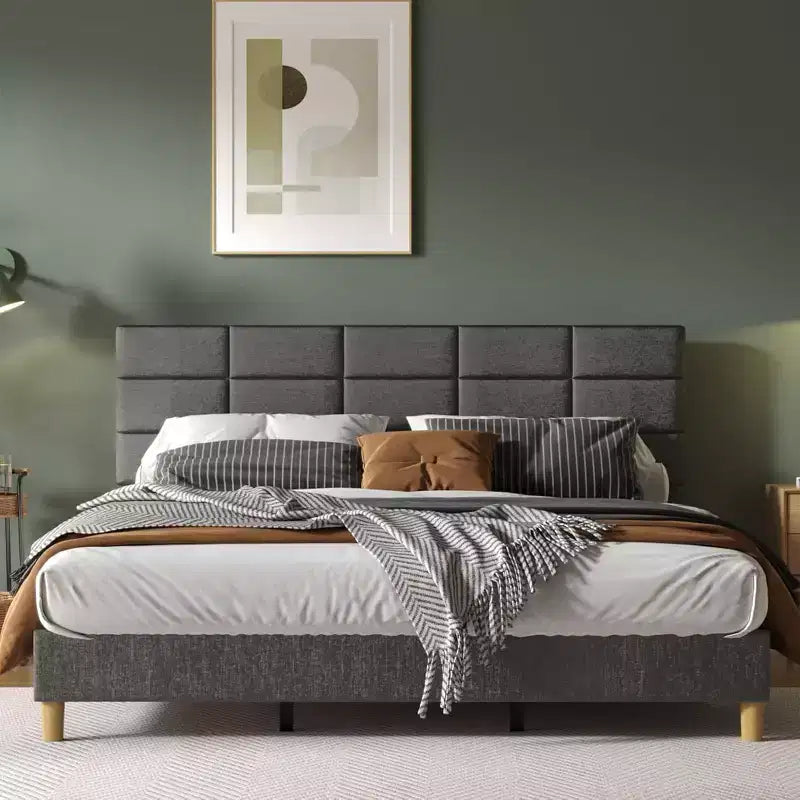 Estructura de cama con plataforma tapizada en lino y cabecero de altura ajustable, estructura metálica para cama individual con fuertes láminas de madera y patas de apoyo