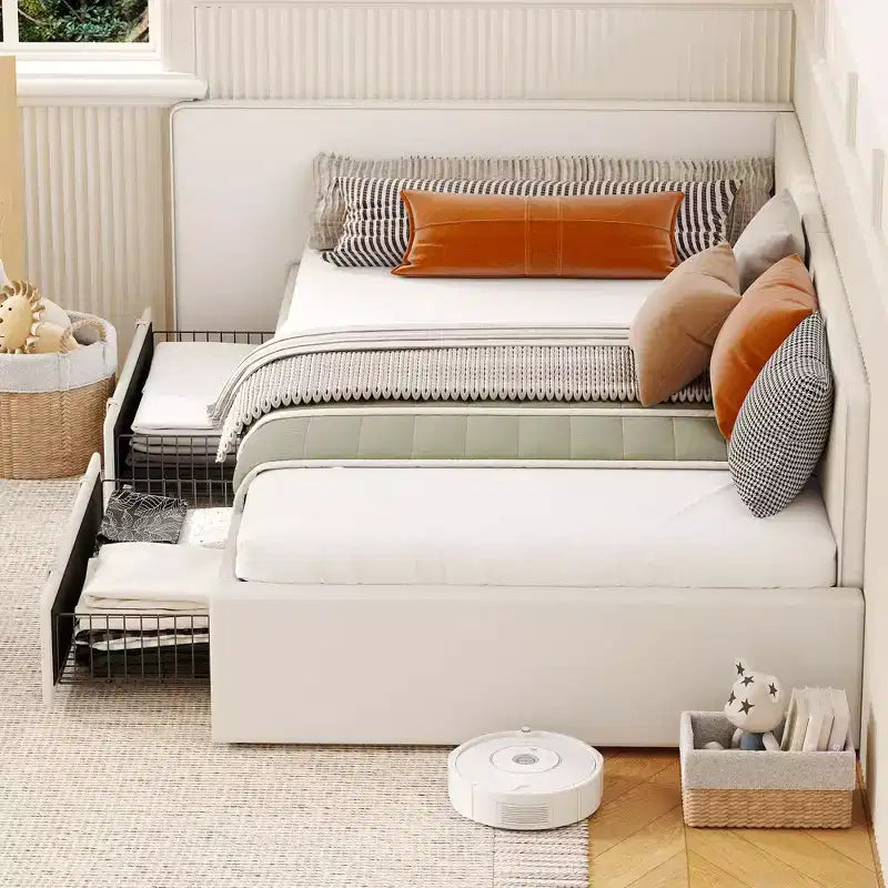Lit de jour une place avec tiroirs de rangement, cadre de lit d’angle rembourré en velours avec tête de lit, lit moderne pour enfant avec barrières pour salon ou chambre