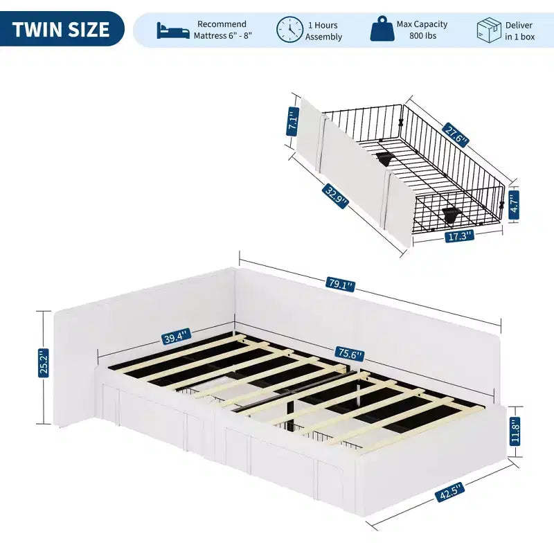 Lit de jour une place avec tiroirs de rangement, cadre de lit d’angle rembourré en velours avec tête de lit, lit moderne pour enfant avec barrières pour salon ou chambre