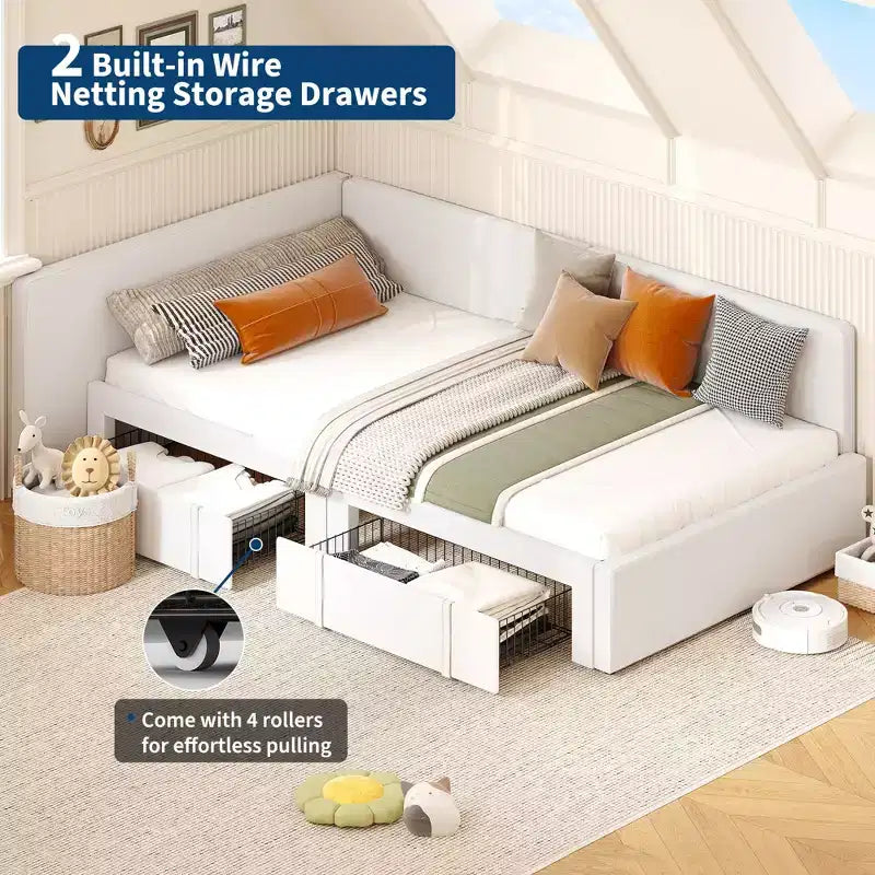Lit de jour une place avec tiroirs de rangement, cadre de lit d’angle rembourré en velours avec tête de lit, lit moderne pour enfant avec barrières pour salon ou chambre