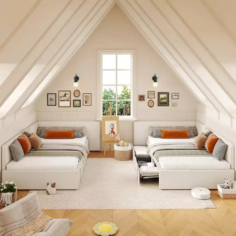 Lit de jour une place avec tiroirs de rangement, cadre de lit d’angle rembourré en velours avec tête de lit, lit moderne pour enfant avec barrières pour salon ou chambre