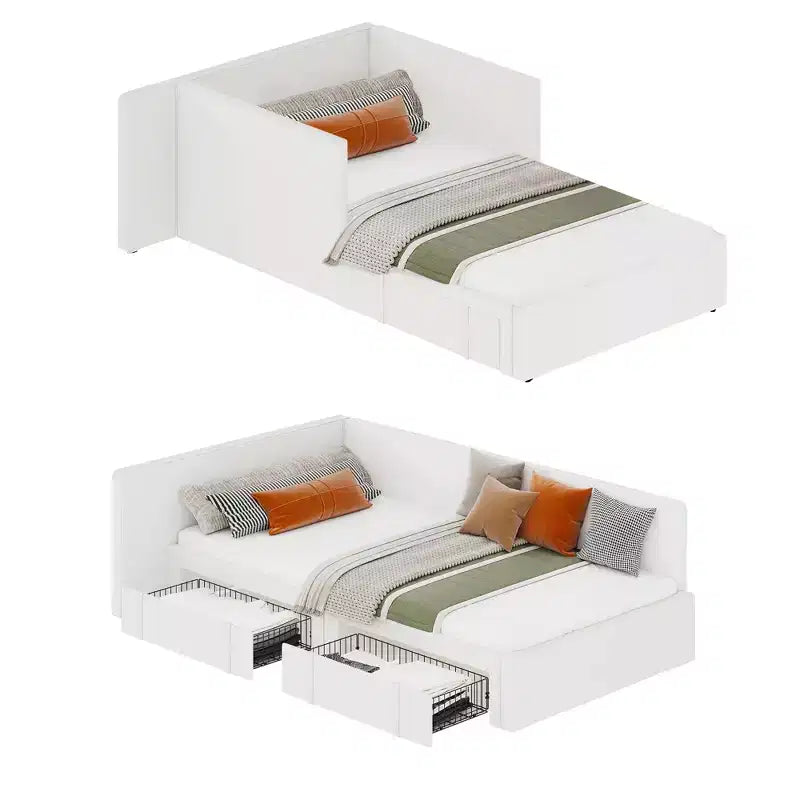 Lit de jour une place avec tiroirs de rangement, cadre de lit d’angle rembourré en velours avec tête de lit, lit moderne pour enfant avec barrières pour salon ou chambre