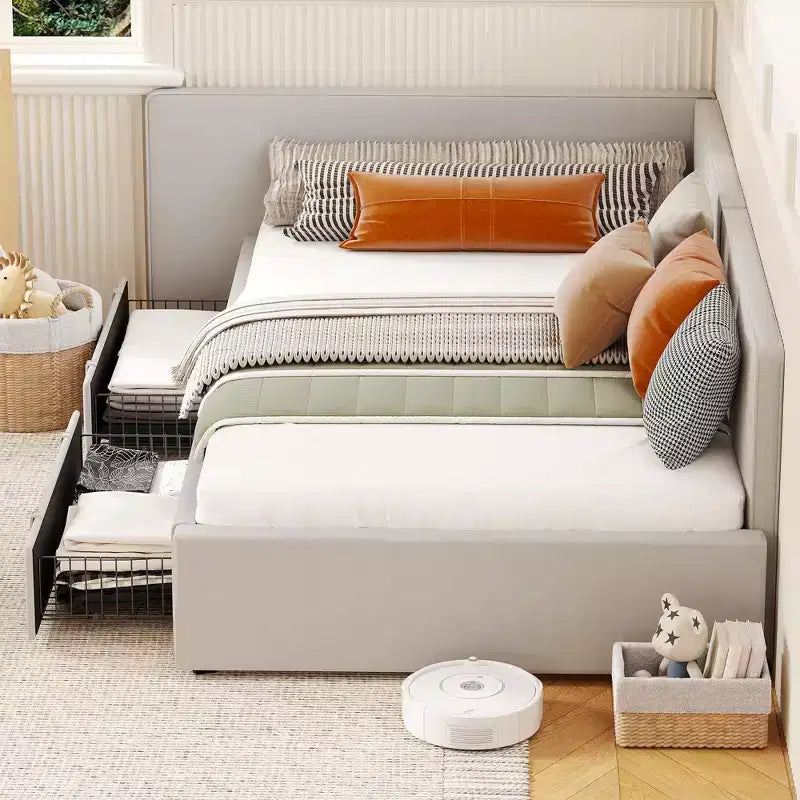 Cama diván individual con cajones de almacenamiento, estructura de cama esquinera tapizada en terciopelo con cabecero, cama moderna para niños con barandillas para sala de estar y dormitorio