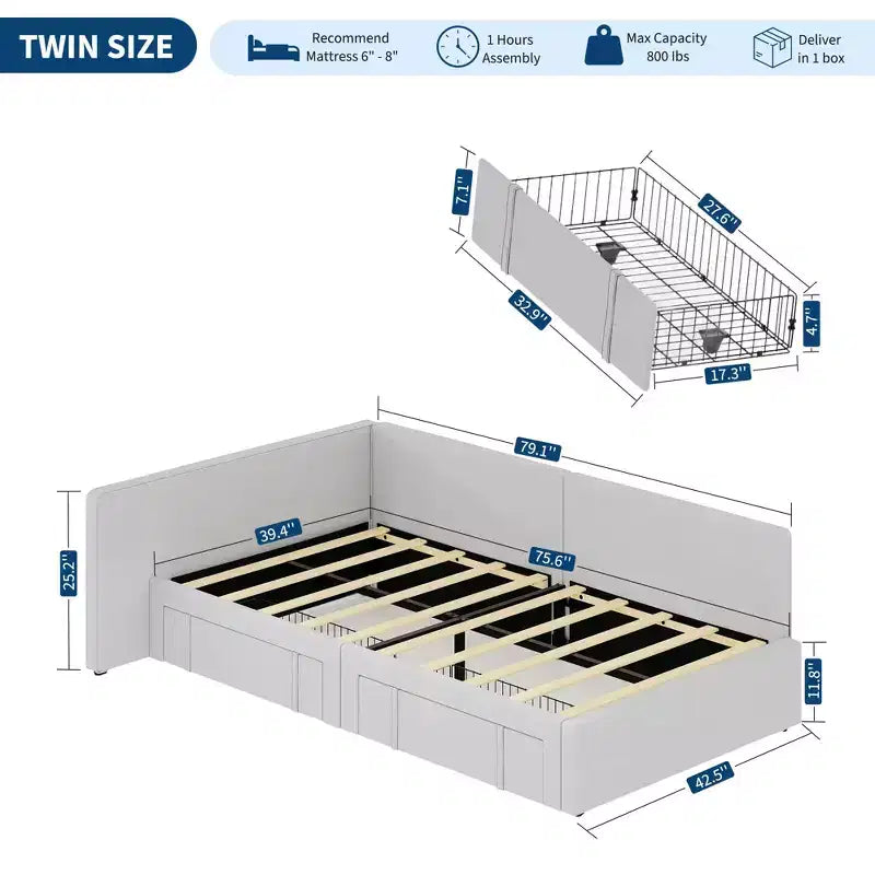 Cama diván individual con cajones de almacenamiento, estructura de cama esquinera tapizada en terciopelo con cabecero, cama moderna para niños con barandillas para sala de estar y dormitorio
