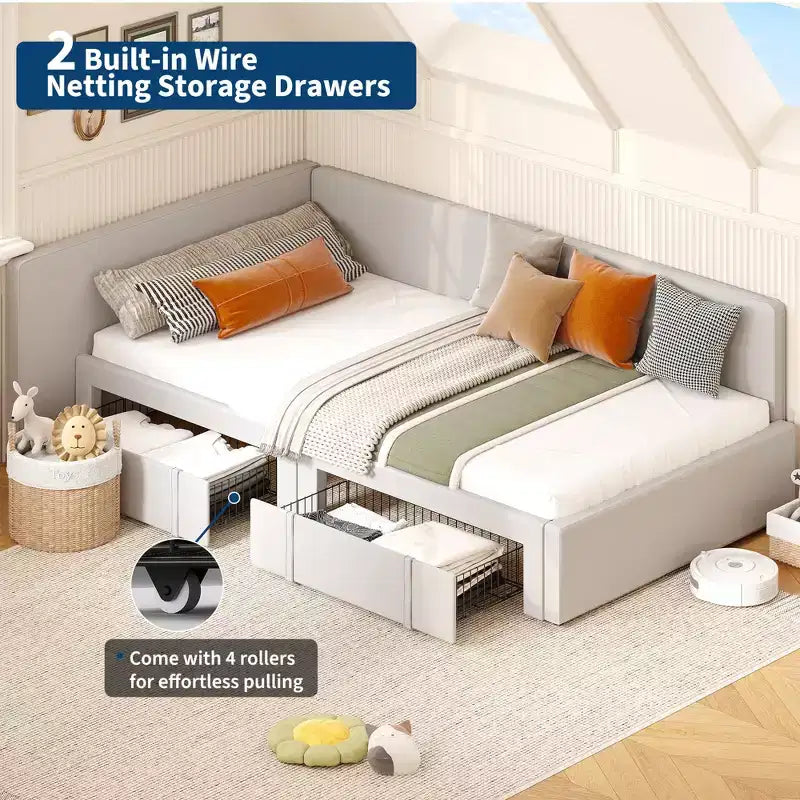 Lit de jour une place avec tiroirs de rangement, cadre de lit d’angle rembourré en velours avec tête de lit, lit moderne pour enfant avec barrières pour salon ou chambre