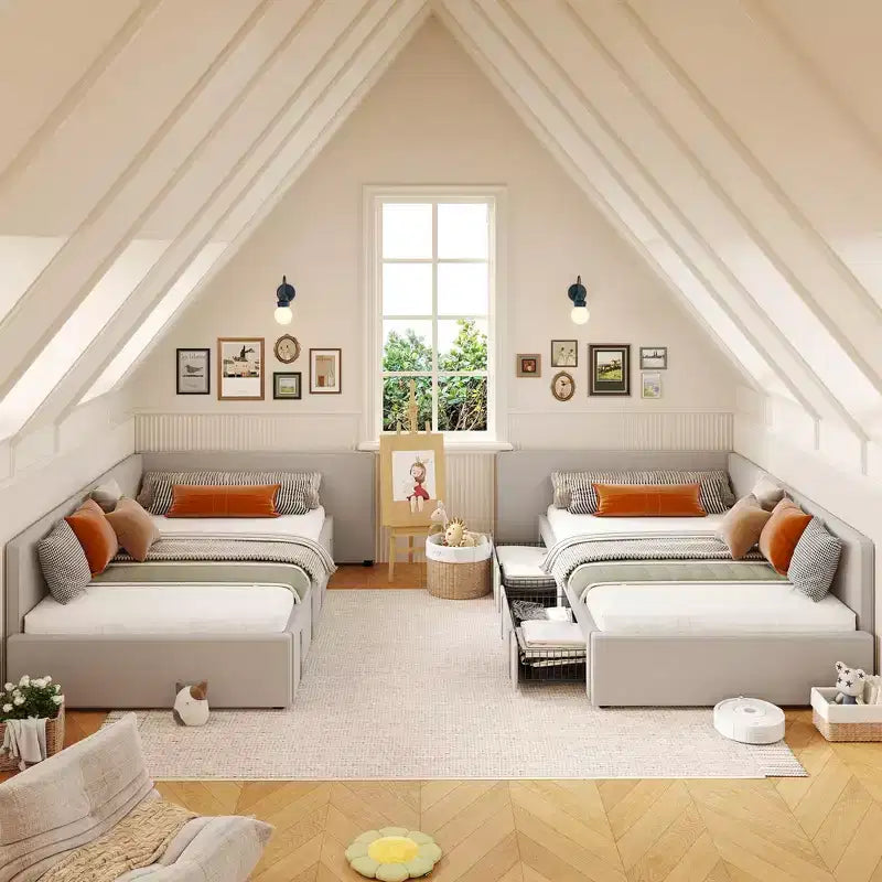 Lit de jour une place avec tiroirs de rangement, cadre de lit d’angle rembourré en velours avec tête de lit, lit moderne pour enfant avec barrières pour salon ou chambre