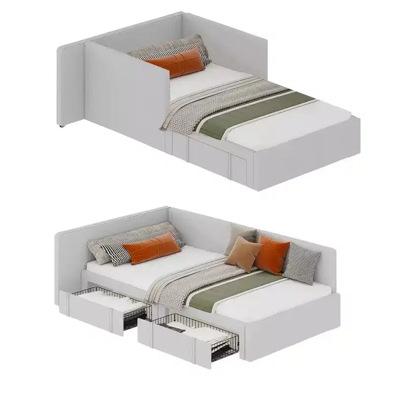 Lit de jour une place avec tiroirs de rangement, cadre de lit d’angle rembourré en velours avec tête de lit, lit moderne pour enfant avec barrières pour salon ou chambre