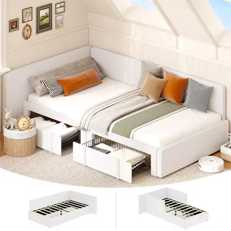 Lit de jour une place avec tiroirs de rangement, cadre de lit d’angle rembourré en velours avec tête de lit, lit moderne pour enfant avec barrières pour salon ou chambre