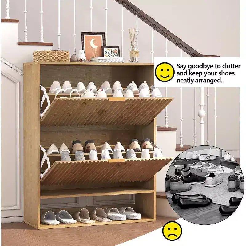 Schmaler geriffelter Schuhschrank mit Klappschubladen und Seitenhaken, platzsparender Organizer für Eingangsbereich, Flur oder Wohnung, Eichenoptik