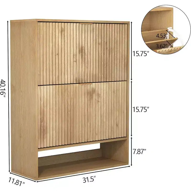 Schmaler geriffelter Schuhschrank mit Klappschubladen und Seitenhaken, platzsparender Organizer für Eingangsbereich, Flur oder Wohnung, Eichenoptik