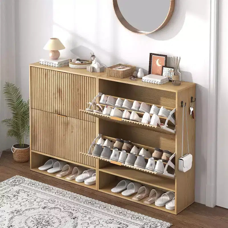 Schmaler geriffelter Schuhschrank mit Klappschubladen und Seitenhaken, platzsparender Organizer für Eingangsbereich, Flur oder Wohnung, Eichenoptik