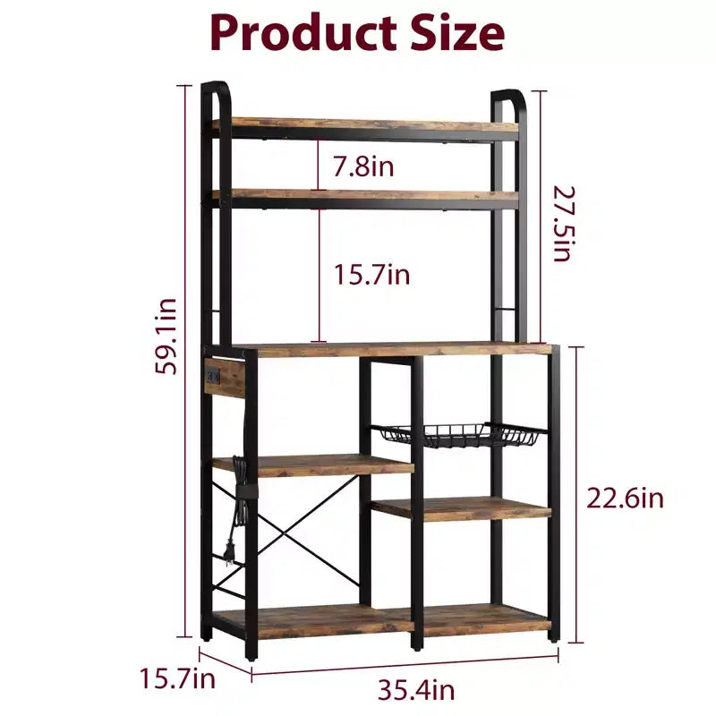 Estante de cocina de 5 niveles con cesta de alambre, soporte para microondas con tomas de corriente y estantes abiertos