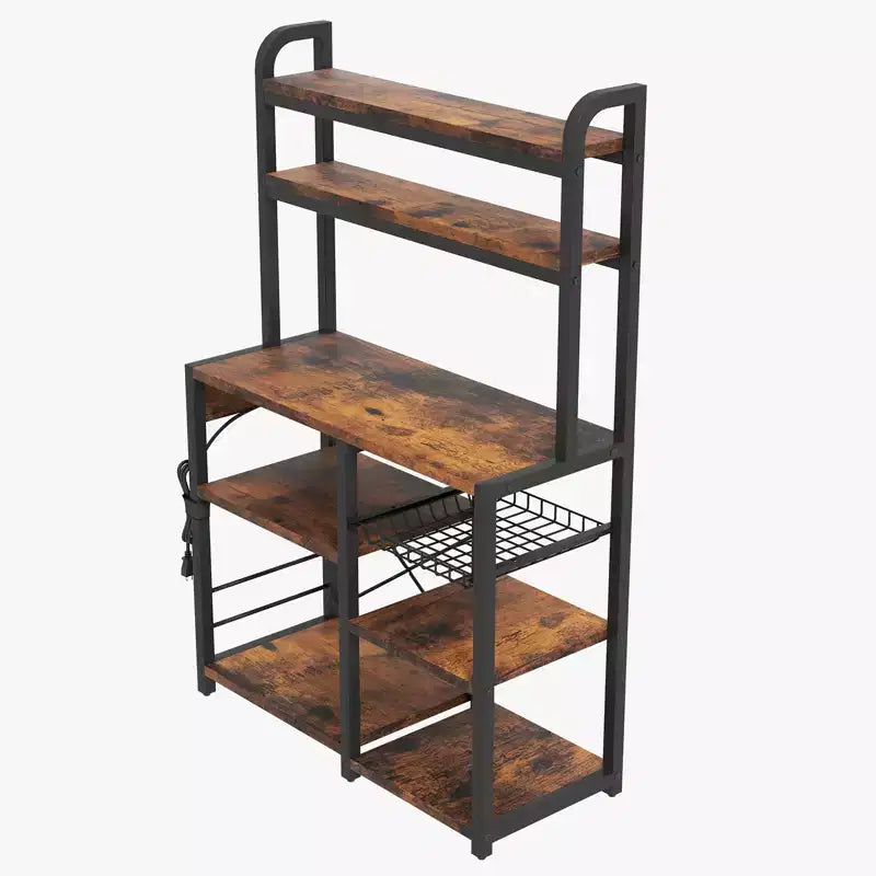 Étagère de boulanger à 5 niveaux avec panier métallique, support pour micro-ondes avec prises électriques et étagères de cuisine ouvertes