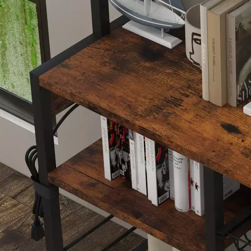 Estante de cocina de 5 niveles con cesta de alambre, soporte para microondas con tomas de corriente y estantes abiertos