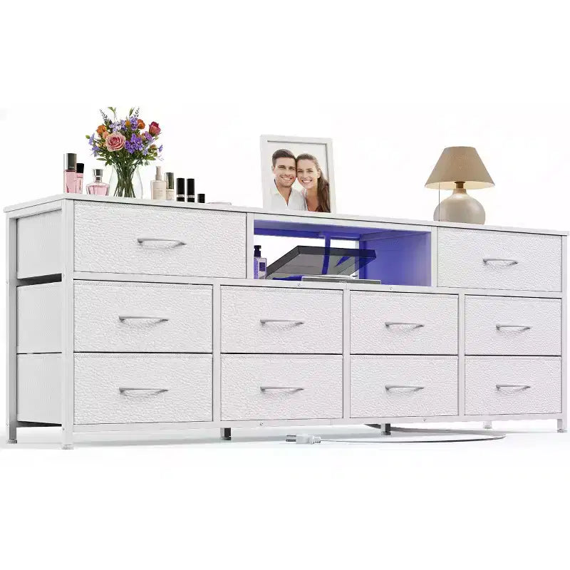 Weiße Kommode mit 10 Schubladen, TV-Ständer für 65-Zoll-Fernseher mit Ladestation, LED-Leuchten, Medienkonsole, 55 Zoll breit, Schlafzimmerkommode, Entertainment-Möbel