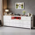 Weiße Kommode mit 10 Schubladen, TV-Ständer für 65-Zoll-Fernseher mit Ladestation, LED-Leuchten, Medienkonsole, 55 Zoll breit, Schlafzimmerkommode, Entertainment-Möbel