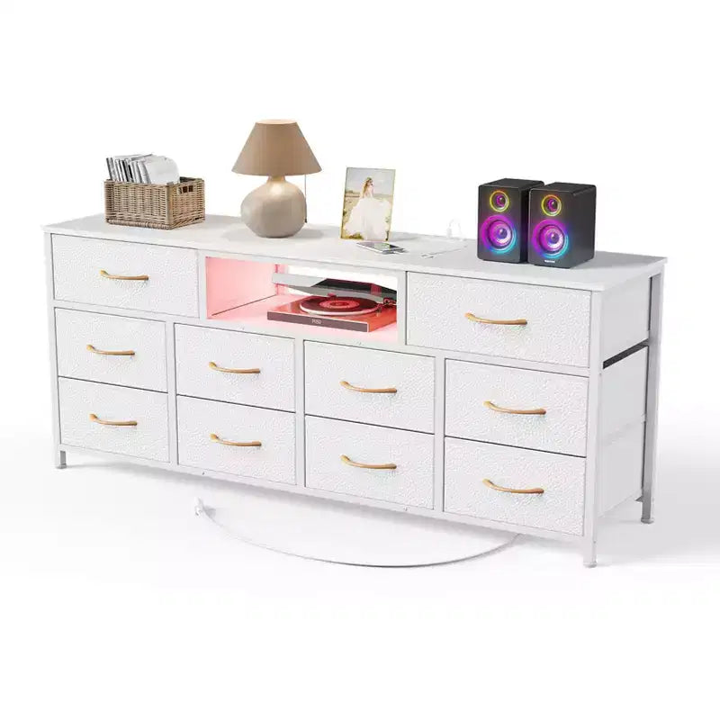 Weiße Kommode mit 10 Schubladen, TV-Ständer für 65-Zoll-Fernseher mit Ladestation, LED-Leuchten, Medienkonsole, 55 Zoll breit, Schlafzimmerkommode, Entertainment-Möbel