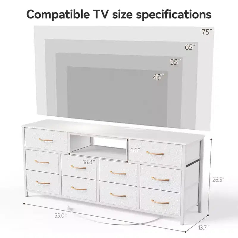 Weiße Kommode mit 10 Schubladen, TV-Ständer für 65-Zoll-Fernseher mit Ladestation, LED-Leuchten, Medienkonsole, 55 Zoll breit, Schlafzimmerkommode, Entertainment-Möbel