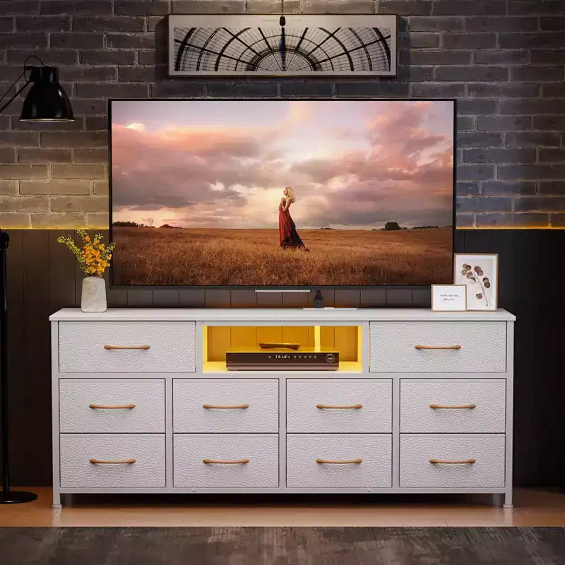 Weiße Kommode mit 10 Schubladen, TV-Ständer für 65-Zoll-Fernseher mit Ladestation, LED-Leuchten, Medienkonsole, 55 Zoll breit, Schlafzimmerkommode, Entertainment-Möbel