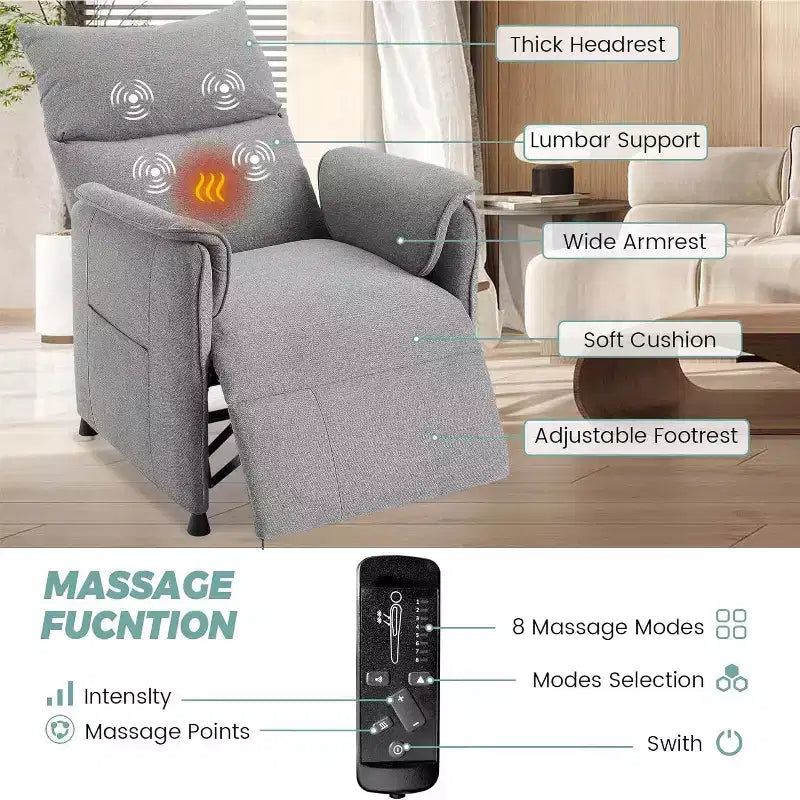 Fauteuil inclinable avec massage et chauffage, fauteuil une place inclinable réglable avec télécommande, siège de cinéma maison et fauteuil pour salon, gris