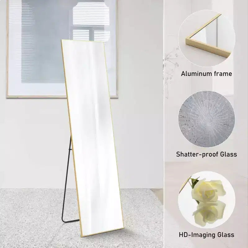 Espejo de cuerpo entero de pie o de pared, con soporte y marco delgado de aleación de aluminio