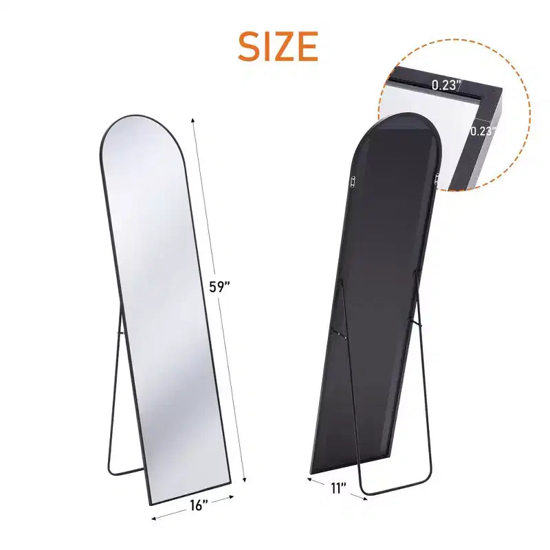 Miroir pleine longueur sur pied, miroir mural avec support et cadre fin en alliage d’aluminium