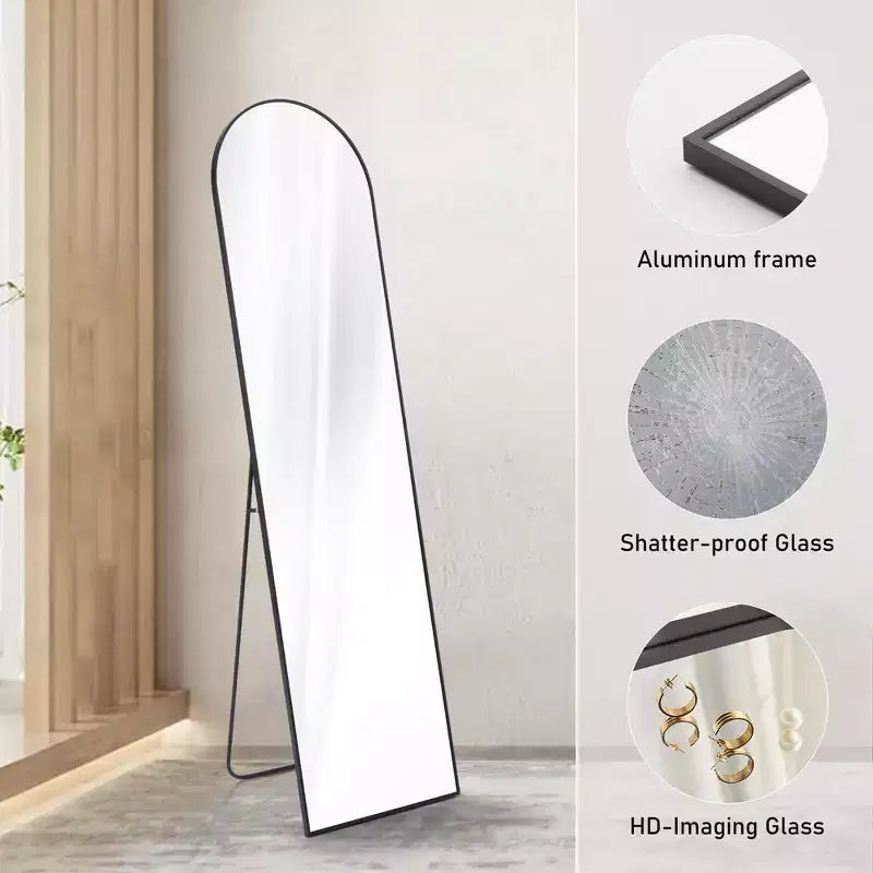 Miroir pleine longueur sur pied, miroir mural avec support et cadre fin en alliage d’aluminium
