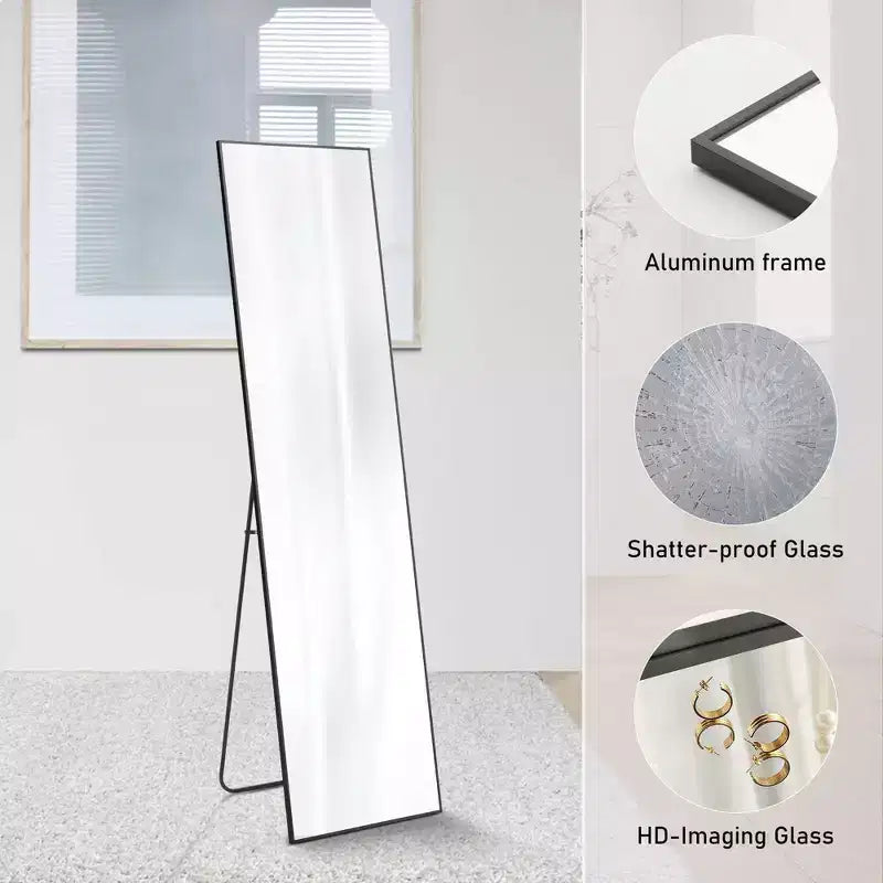 Espejo de cuerpo entero de pie o de pared, con soporte y marco delgado de aleación de aluminio