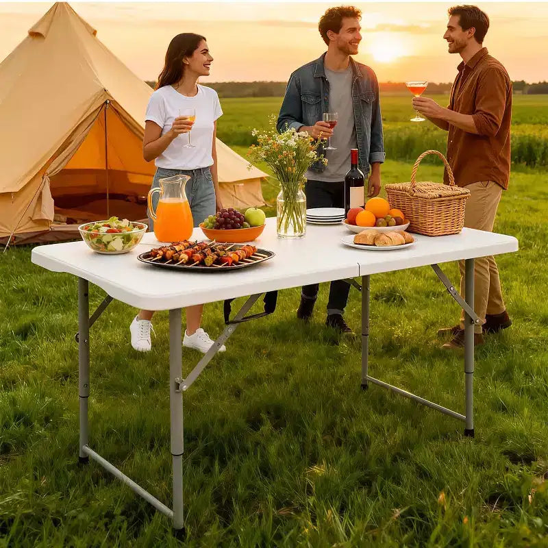 Mesa plegable FDW de 4FT, mesa de plástico portátil que se pliega por la mitad para pícnics y fiestas, con asa de transporte (blanca, 4FT)