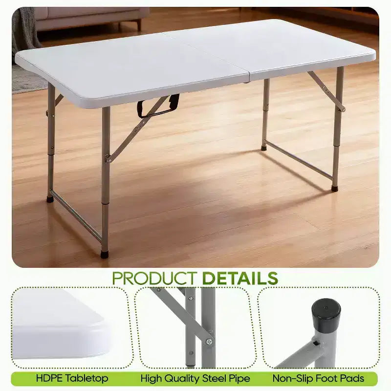 Mesa plegable FDW de 4FT, mesa de plástico portátil que se pliega por la mitad para pícnics y fiestas, con asa de transporte (blanca, 4FT)