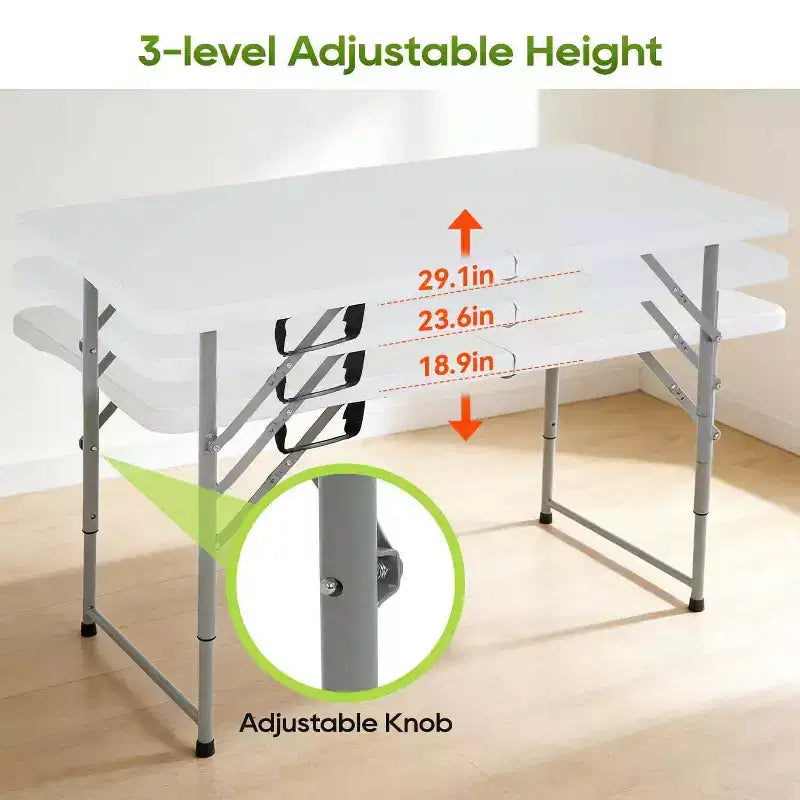 Mesa plegable FDW de 4FT, mesa de plástico portátil que se pliega por la mitad para pícnics y fiestas, con asa de transporte (blanca, 4FT)