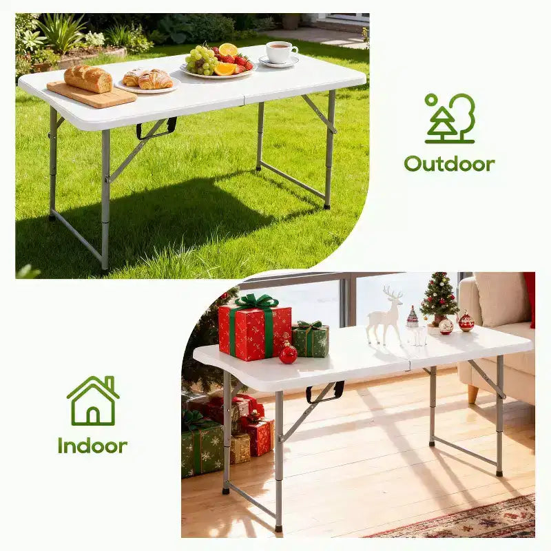 Mesa plegable FDW de 4FT, mesa de plástico portátil que se pliega por la mitad para pícnics y fiestas, con asa de transporte (blanca, 4FT)